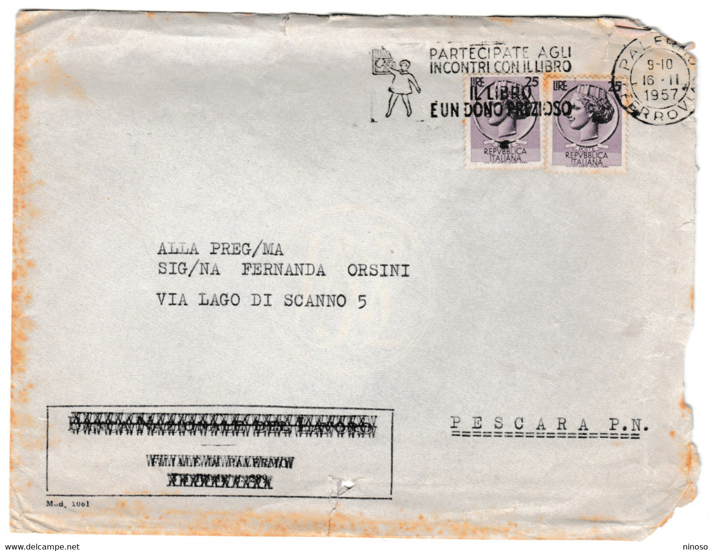 ITALIA ITALY LETTERA VIAGGIATA NEL 1957 CON INTERESSANTE TIMBRO TARGHETTA - Errors, Freaks & Oddities (EFO)