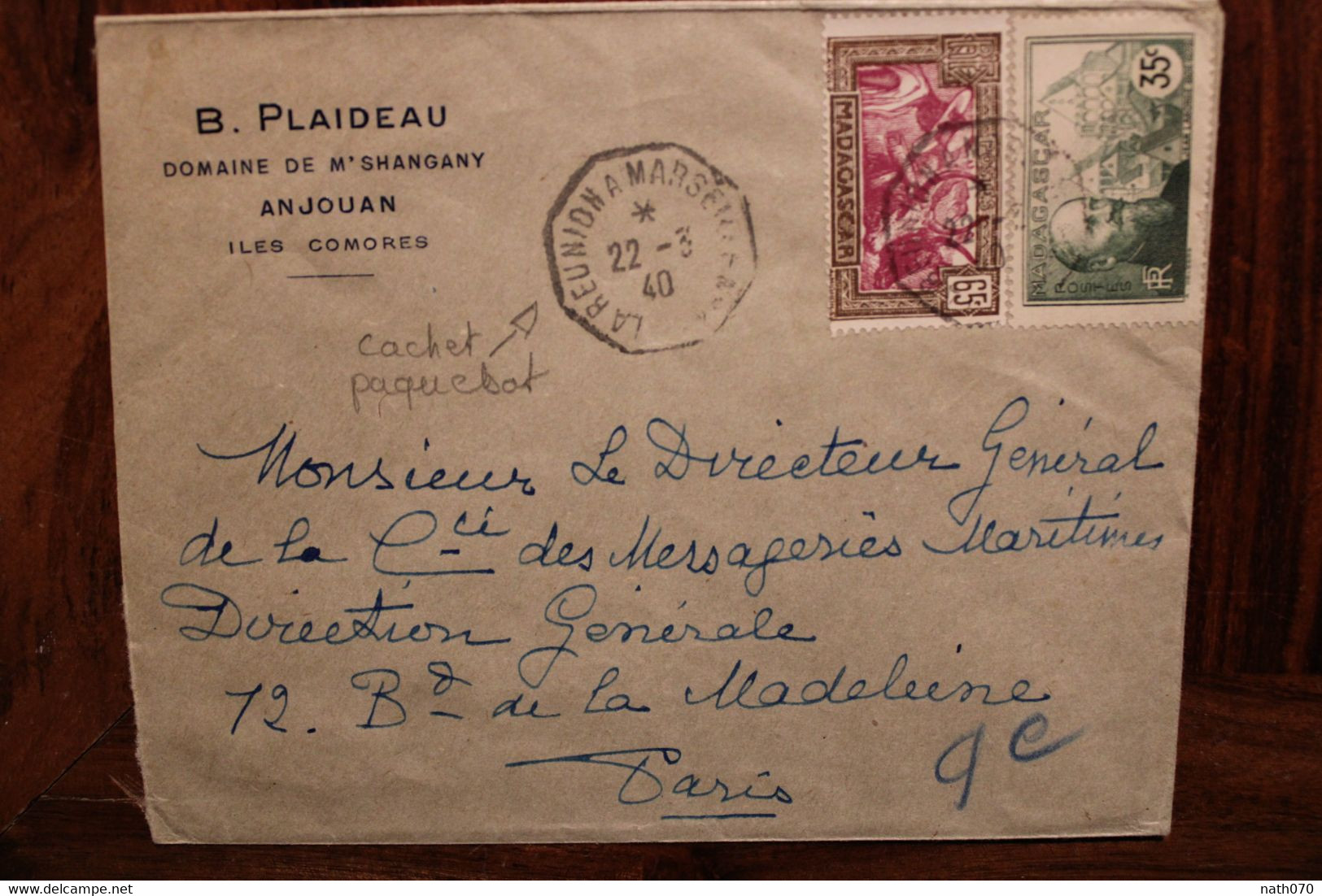 1940 Domaine De M'Shangany Anjouan Comores Madagascar France Tad Paquebot La Réunion à Marseille Cover - Brieven En Documenten