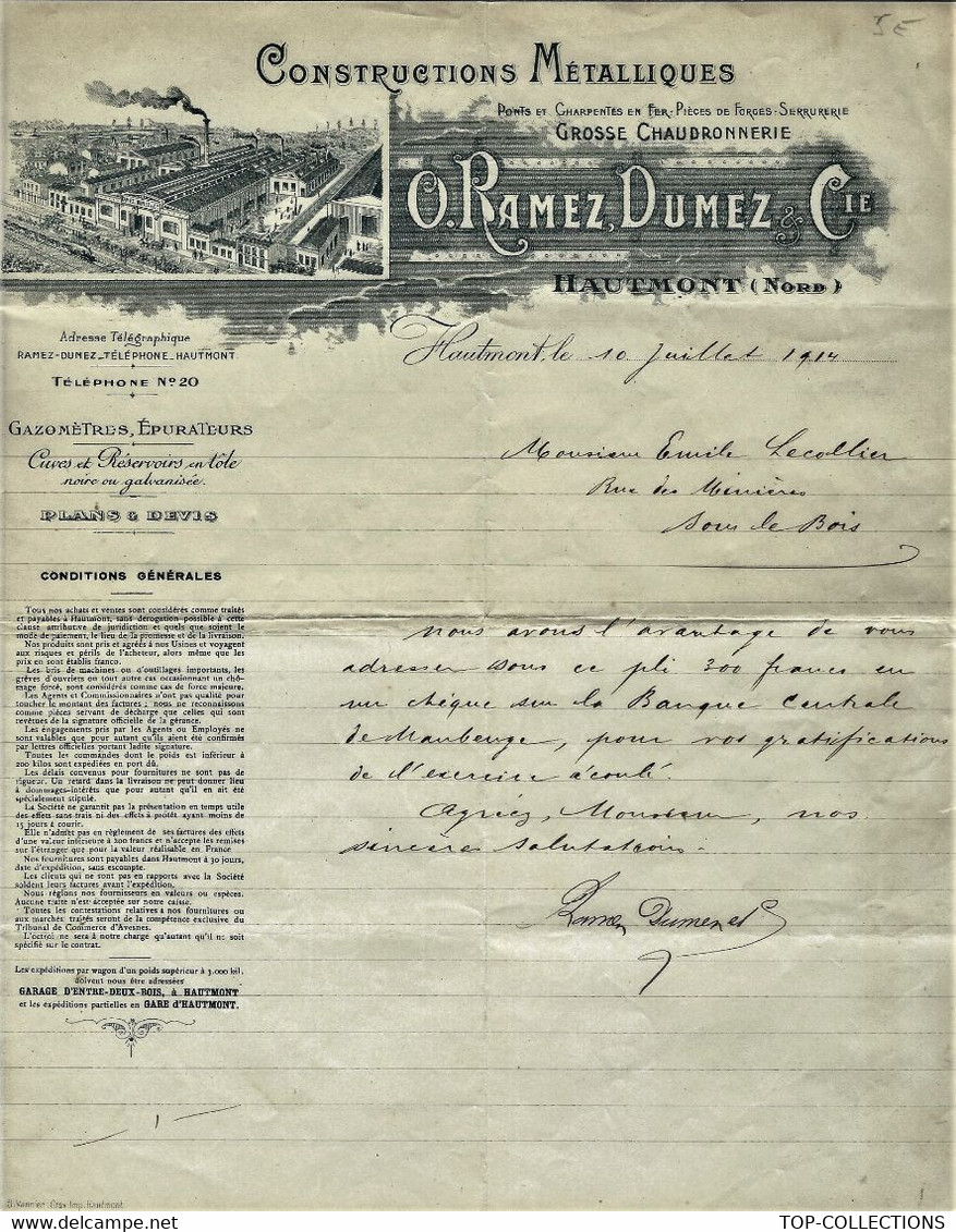 INDUSTRIE DU NORD 1914 ENTETE CONSTRUCTIONS METALLIQUES O.RAMEZ DUMEZ à Hautmont Nord =>Lecolier  Sous Le Bois Maubeuge - 1900 – 1949