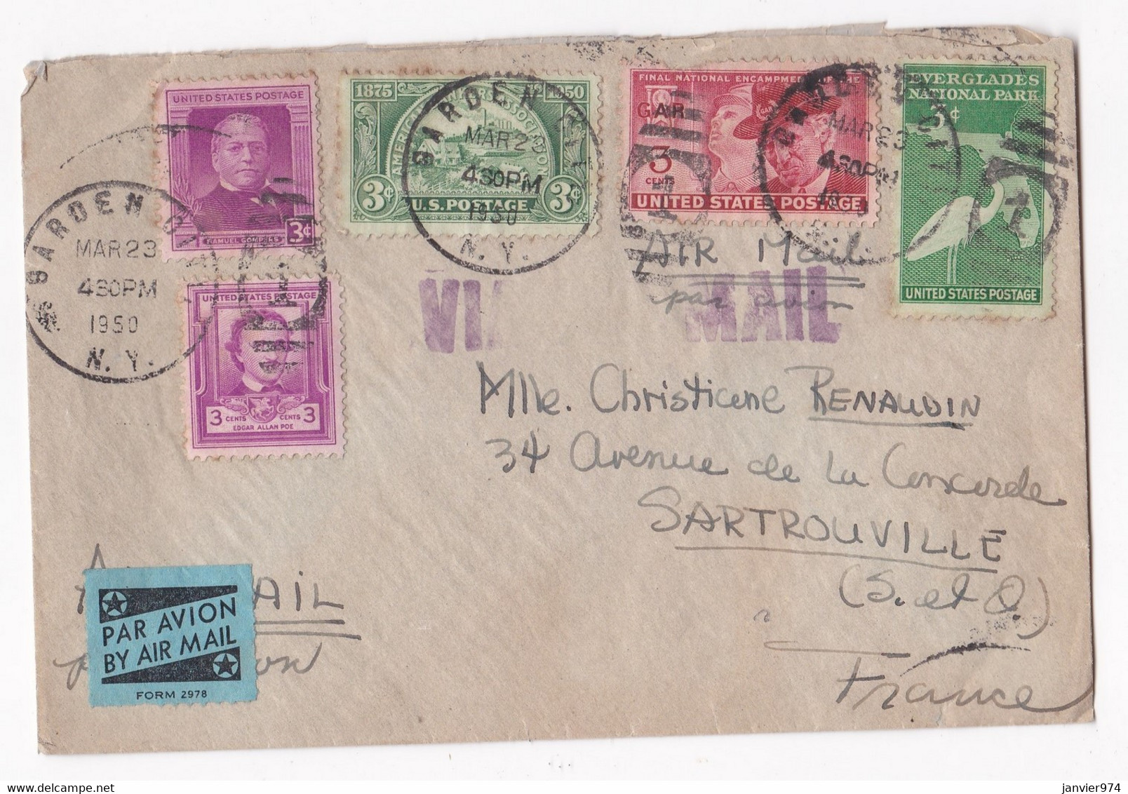Enveloppe 1950 Garden City New York Pour Mlle Renaudin à Sartrouville France - Briefe U. Dokumente