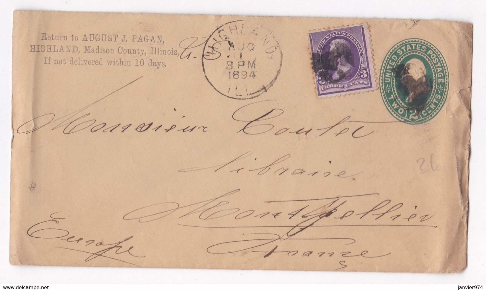 Enveloppe 1894 Highland Illinois Pour Montpellier France - Brieven En Documenten