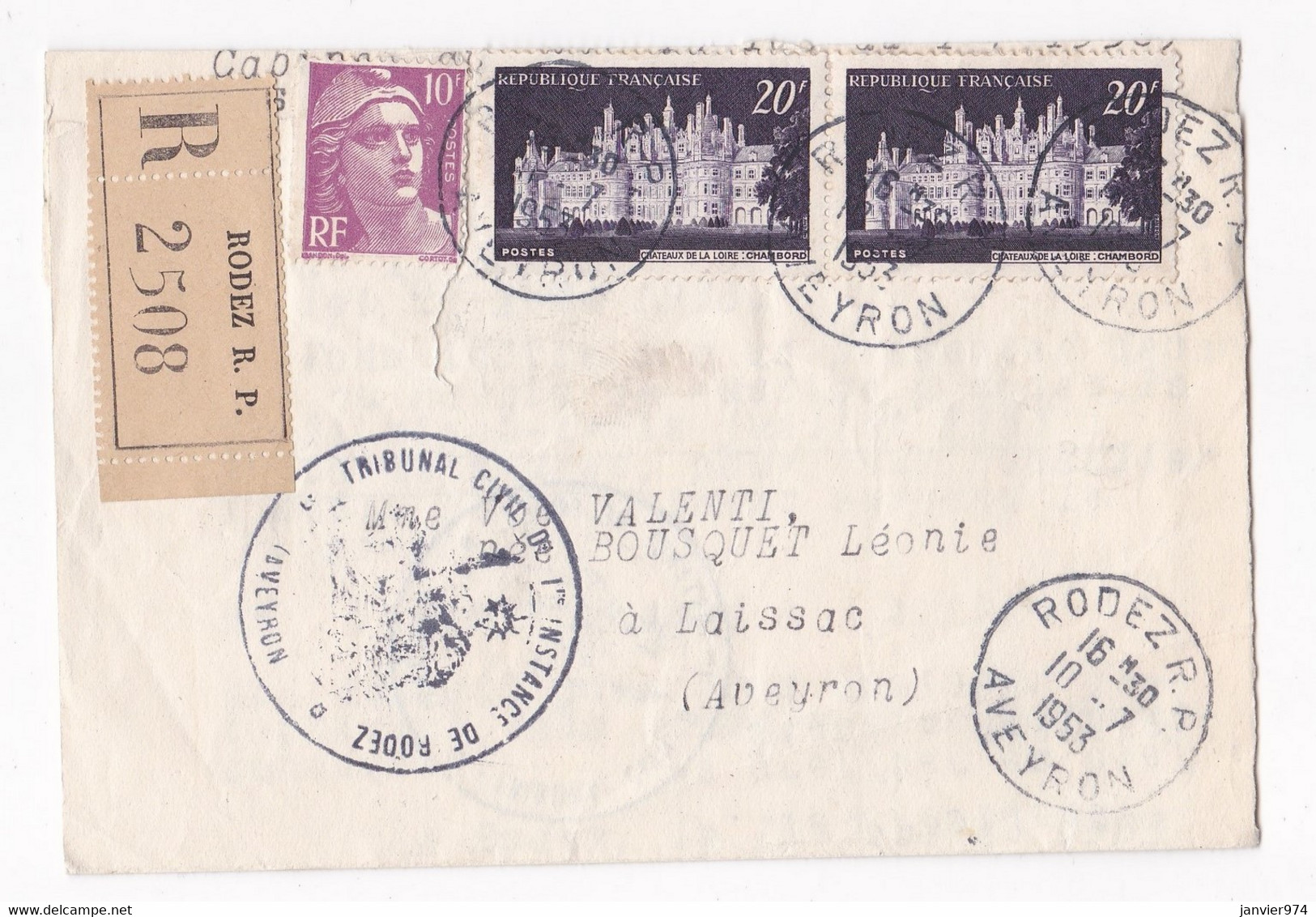 Lettre Recommandée 1953 Convocation Au Tribunal De Rodez - Laissac - Lettres & Documents