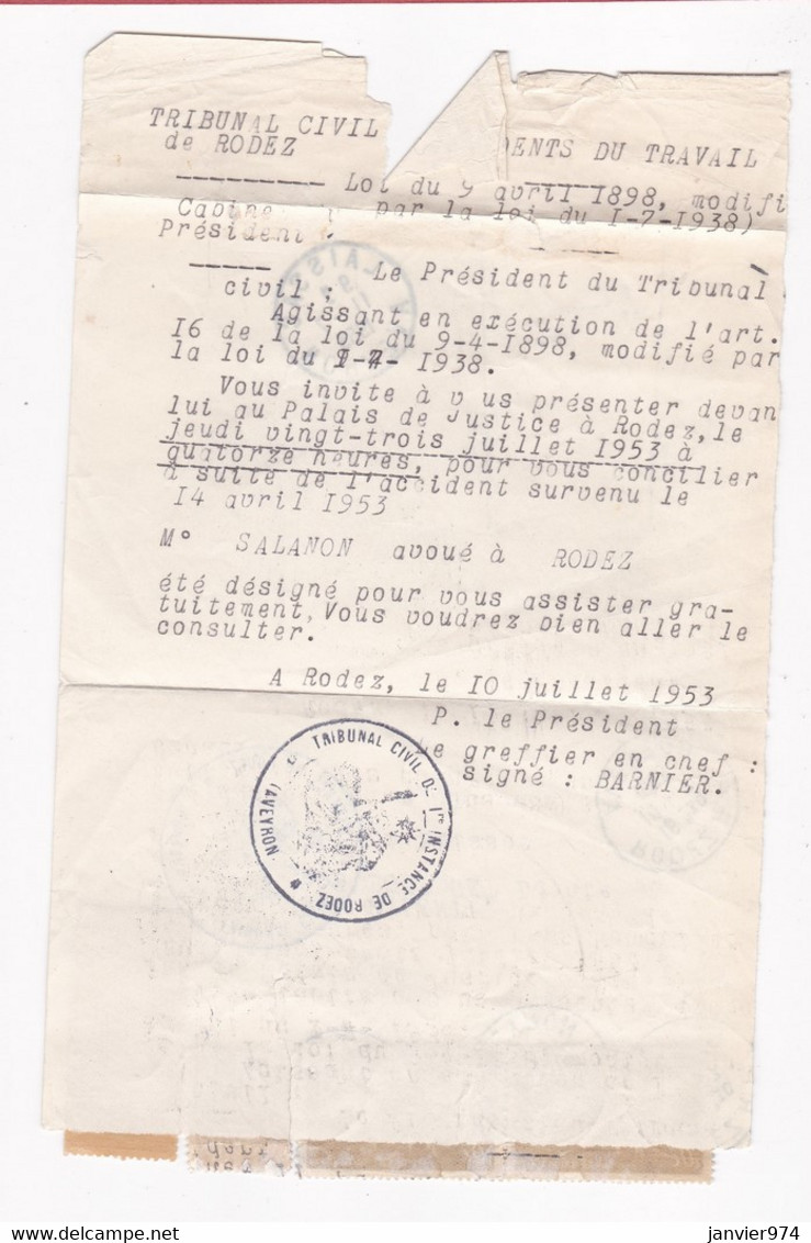 Lettre Recommandée 1953 Convocation Au Tribunal De Rodez - Laissac - Lettres & Documents