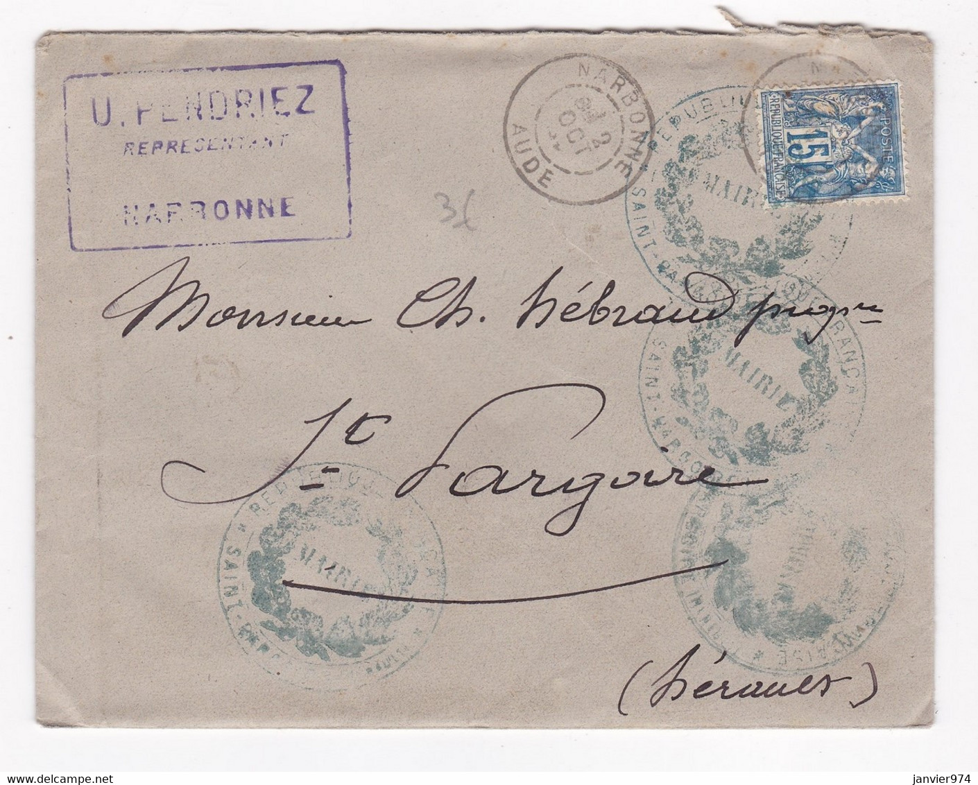 Lettre Et Enveloppe 1892 De Mr Pendriez Narbonne Aude à Son Cousin à Saint-Pargoire Hérault - 1876-1898 Sage (Type II)