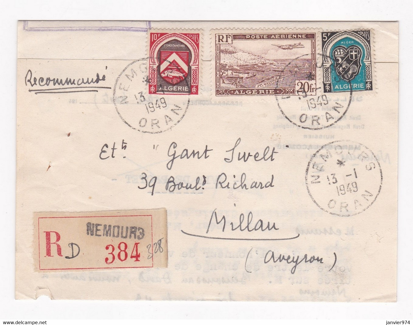 Lettre Recommandé , D’Huissier à Nemours Oran Pour Ets Gant Livelt Millau Aveyron - Lettres & Documents
