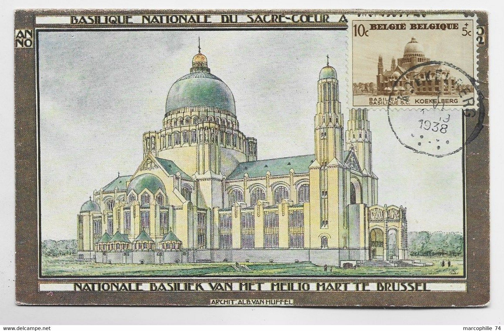 BELGIQUE 10C CARTE MAXIMUM BASILIQUE NATIONALE SACRE COEUR KOEKELBERG 1.VI .1938 - 1934-1951