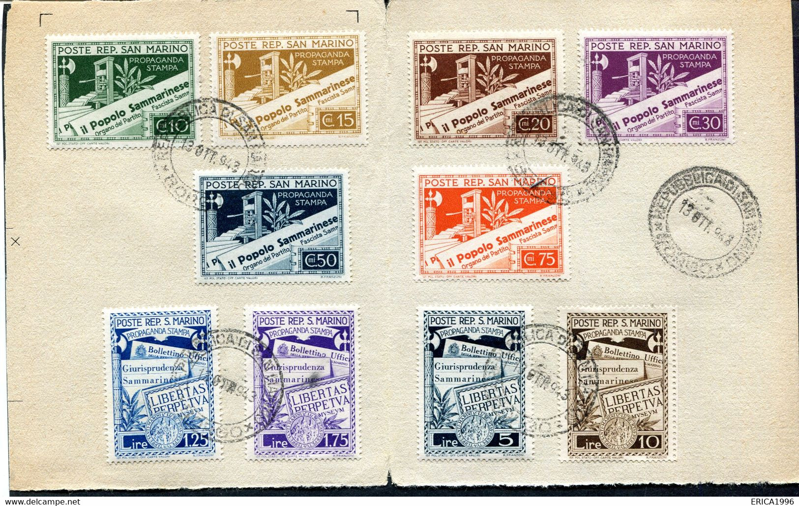 Z3573 SAN MARINO 1943 Propaganda Per La Stampa, Serie Completa Applicata Su Foglietto E Annullo Del Periodo, Ottime Cond - Used Stamps