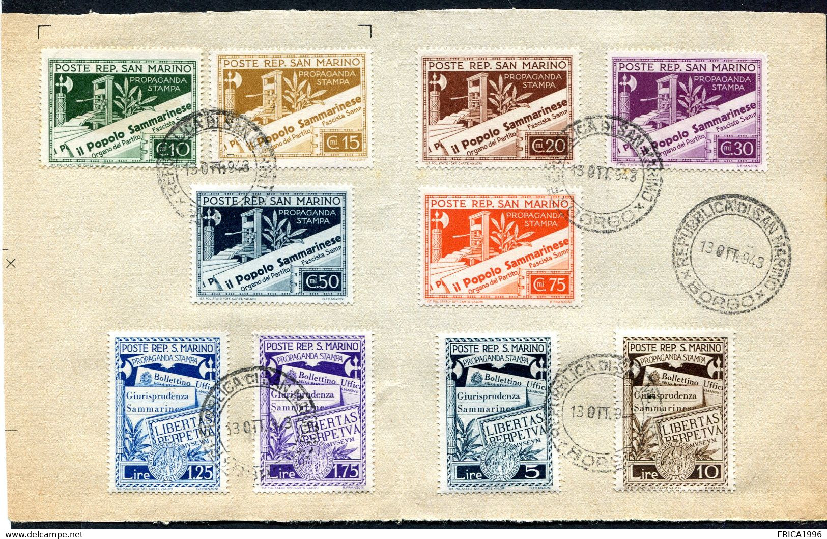 Z3574 SAN MARINO 1943 Propaganda Per La Stampa, Serie Completa Applicata Su Foglietto E Annullo Del Periodo, Ottime Cond - Used Stamps