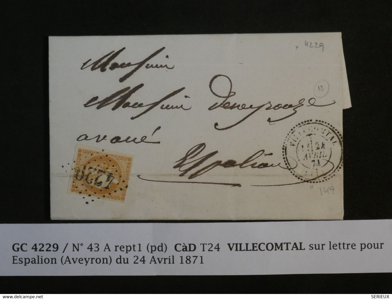 BM 5  FRANCE  BELLE LETTRE  RR 1871 VILLECOMTAL A ESPALLION  +EMISSION BORDEAUX N° 43 10C +AFFRANC. INTERESSANT ++ - 1870 Ausgabe Bordeaux