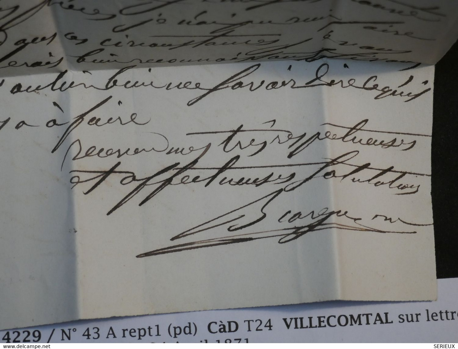 BM 5  FRANCE  BELLE LETTRE  RR 1871 VILLECOMTAL A ESPALLION  +EMISSION BORDEAUX N° 43 10C +AFFRANC. INTERESSANT ++ - 1870 Bordeaux Printing