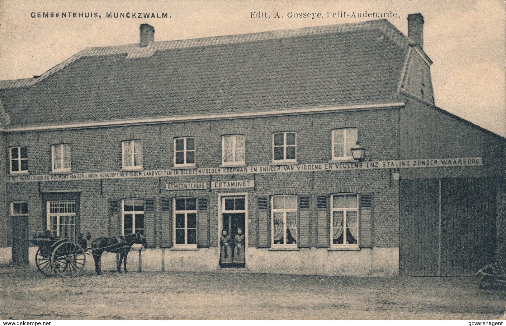 MUNKZWALM  GEMEENTEHUIS , ESTAMINET  IN HET HANDELSHUIS BIJ P.DUMONT VAN DER LINDEN VERKOOPT MEN BLOEM  ENZ    2 SCANS - Zwalm