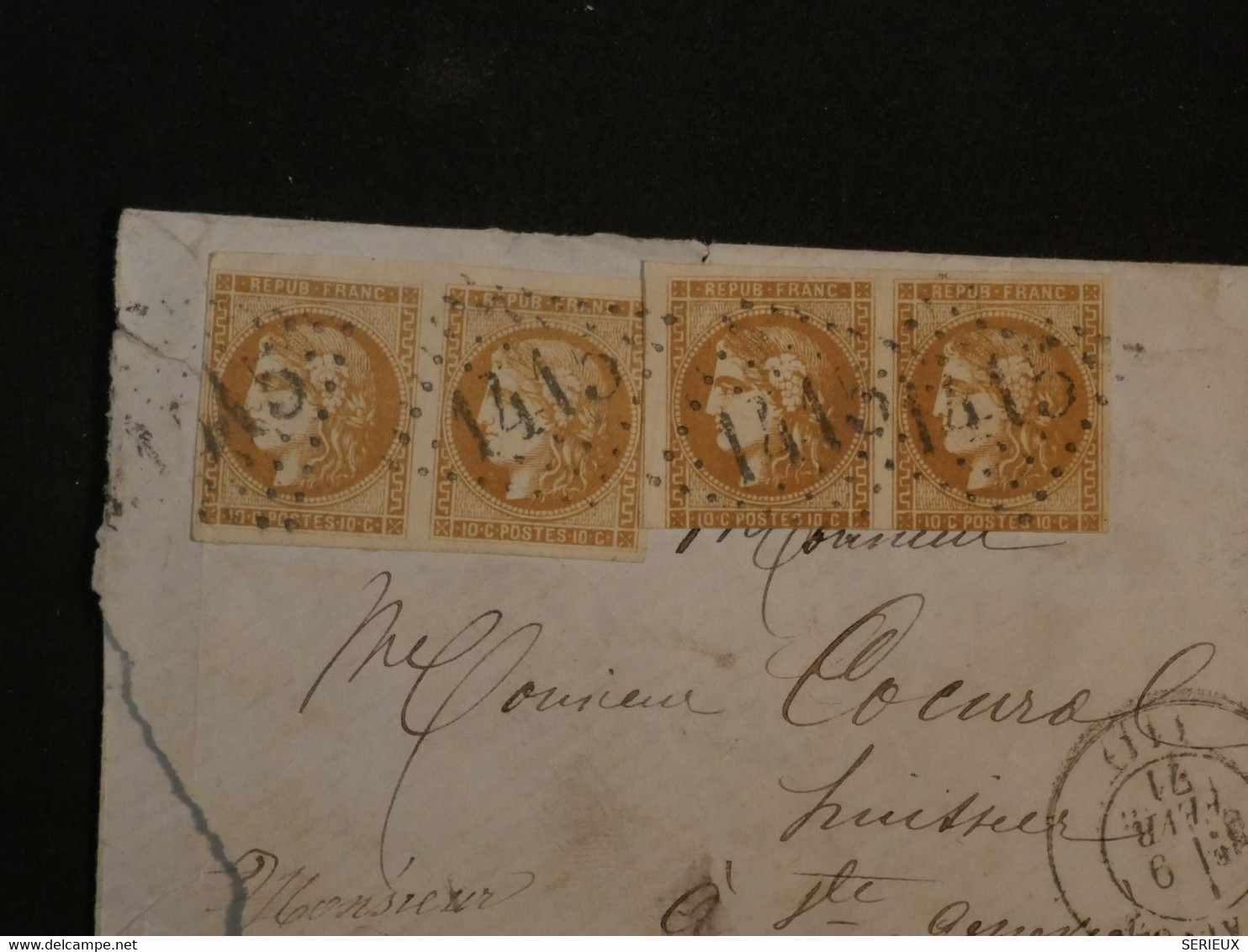 BM5  FRANCE  LETTRE  RRR 9 02 1871 ESPALION A STE GENEVI +EMISSION BORDEAUX 2 PAIRES N° 43A 10C +AFFRANC. INTERESSANT ++ - 1870 Bordeaux Printing