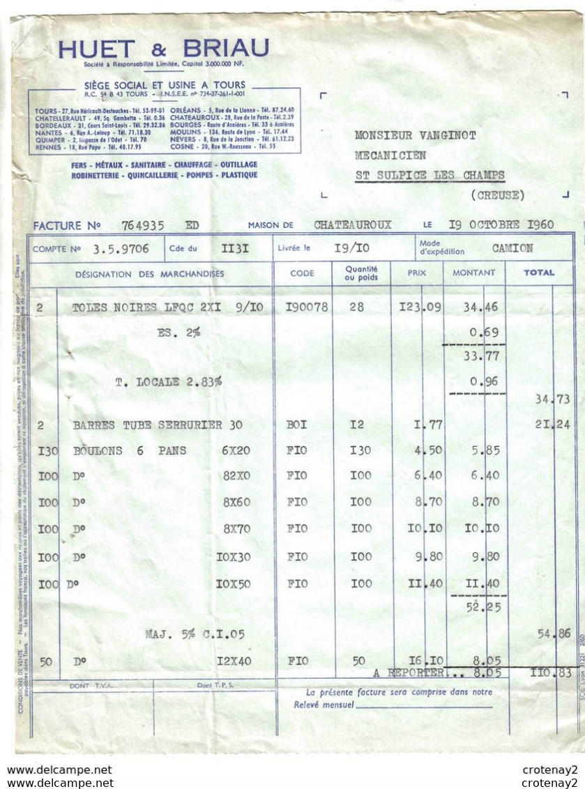 TOURS Facture Du 19/10/1960 HUET & BRIAU à Tours Fers Métaux Sanitaire Chauffage Quincaillerie Pompes - Droguerie & Parfumerie