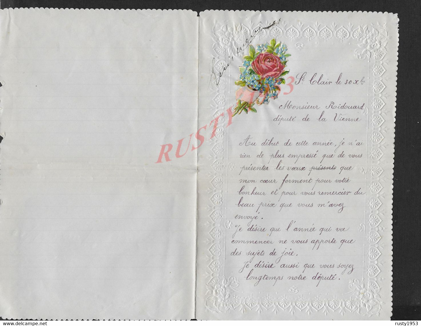 LETTRE TYPE CANIVET FLEUR ECRITE DE SAINT CLAIR DE HULLER HUBERT À Mr LE DÉPUTÉ DE LA VIENNE Mr RIDOUARD : - Flores