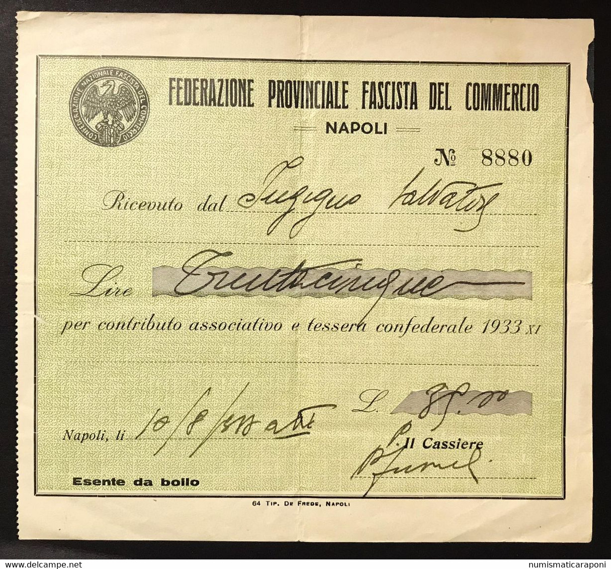 Federazione Provinciale Fascista Del Commercio Napoli Ricevuta Per Contributo Associativo 1933 LOTTO 4322 - Sonstige & Ohne Zuordnung