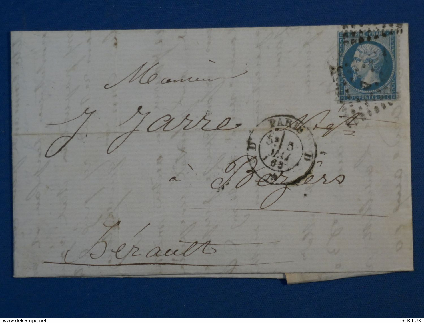 BM5  FRANCE  BELLE LETTRE   1865 PARIS    A  BEZIERS +NAP N° 22  20C+ AFFRANC. INTERESSANT ++ - 1862 Napoléon III.