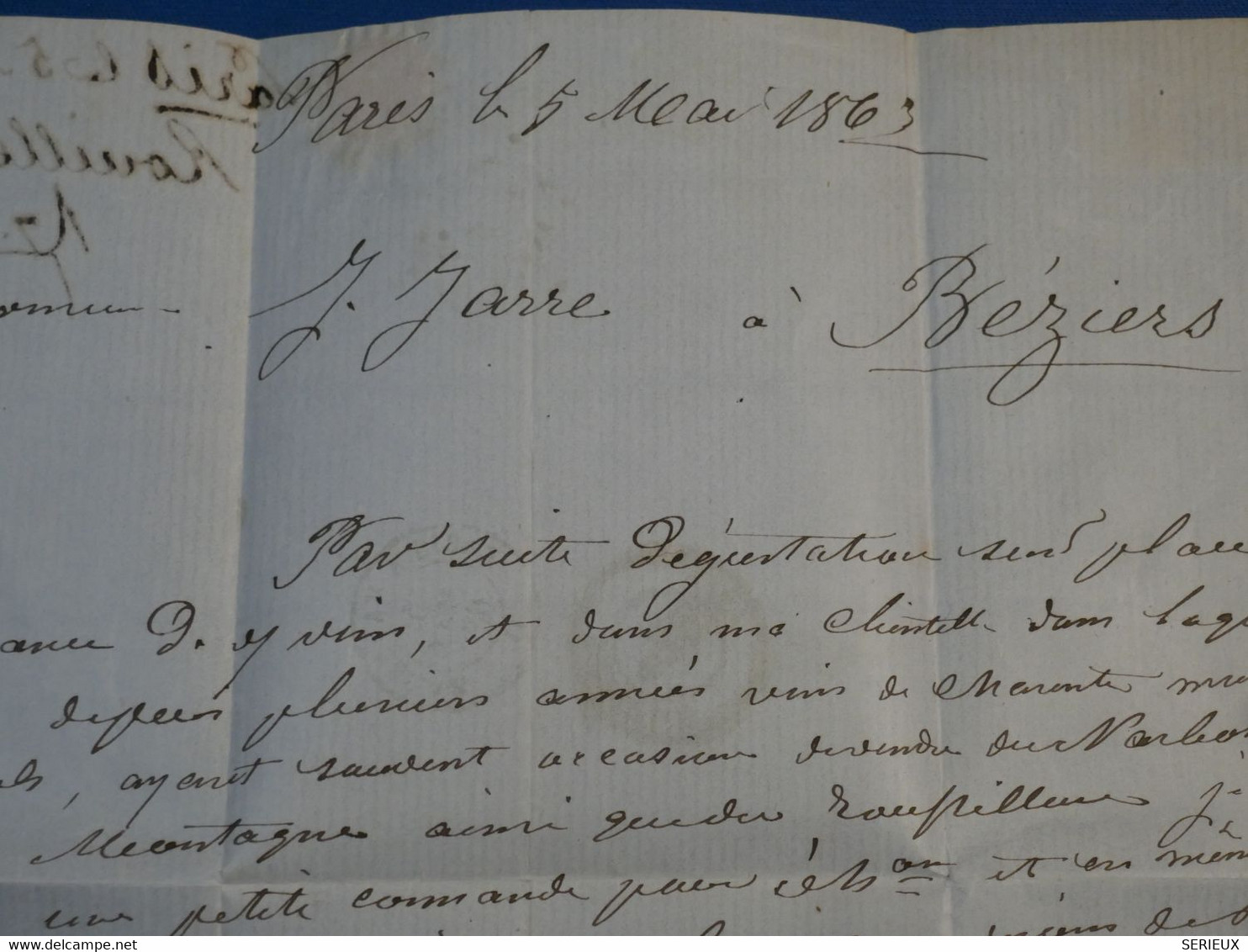 BM5  FRANCE  BELLE LETTRE   1865 PARIS    A  BEZIERS +NAP N° 22  20C+ AFFRANC. INTERESSANT ++ - 1862 Napoléon III.