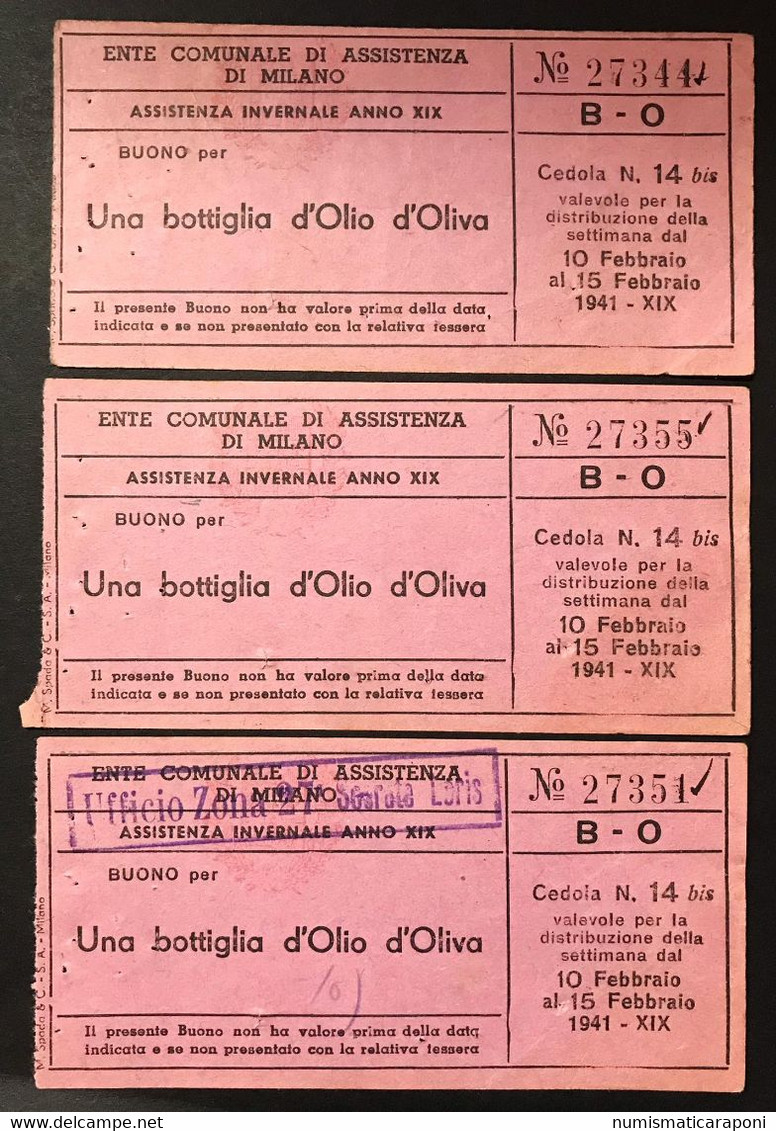 Milano 10 - 15 Febbraio 1941 Assistenza Invernale Anno XIX 3 X Buono Per Una Bottiglia D'olio D'oliva LOTTO 4316 - Other & Unclassified