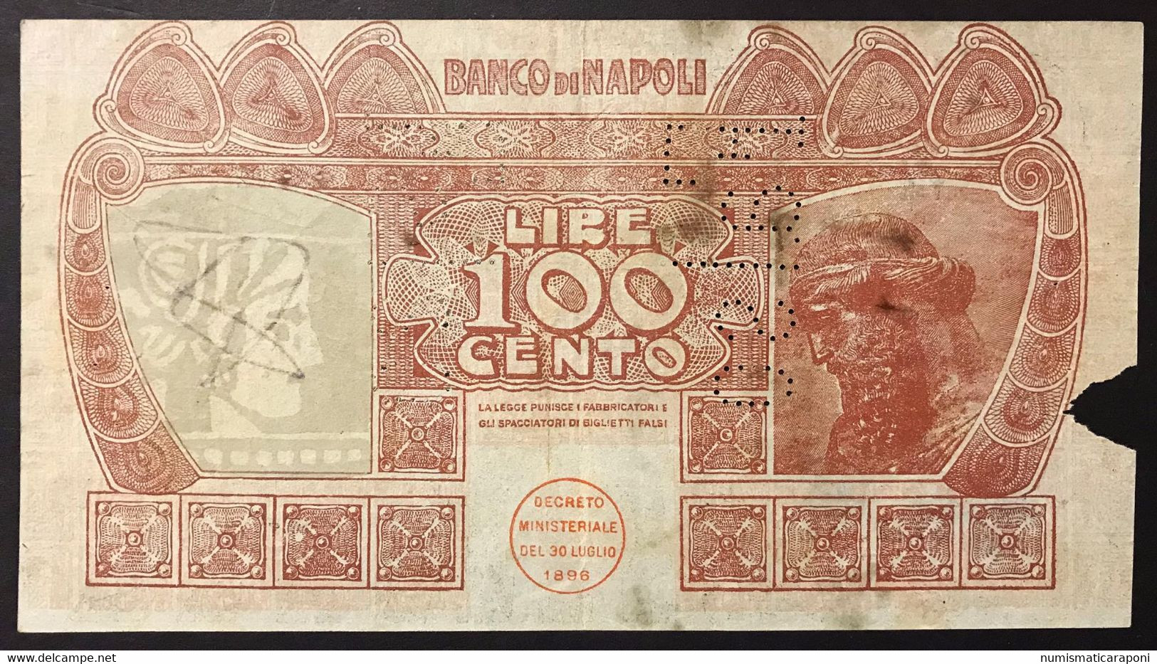 BANCO DI NAPOLI BIGLIETTO AL PORTATORE 31 05 1915 100 LIRE FALSO D'EPOCA  LOTTO 4327 - Sonstige & Ohne Zuordnung