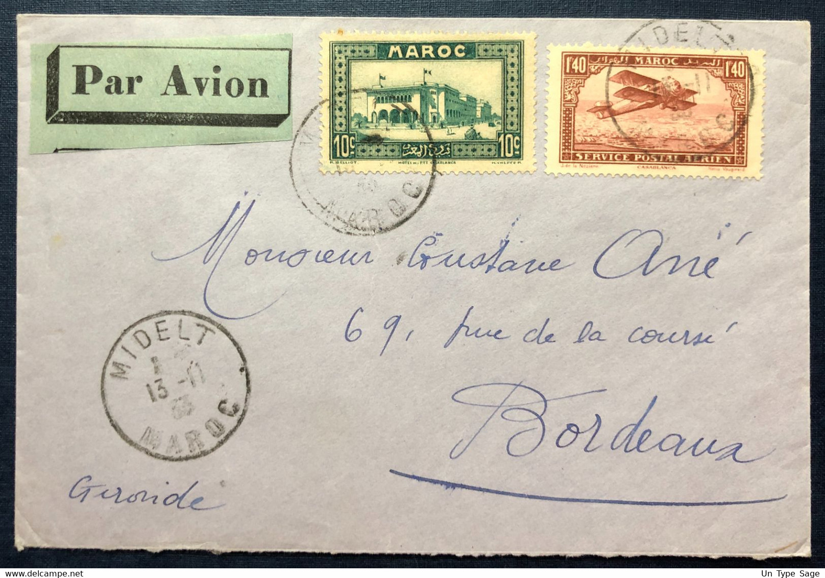 Maroc Divers Sur Enveloppe TAD MIDELT, Maroc 13.11.1933 Pour Bordeaux + Vignette Au Verso - (B4149) - Covers & Documents