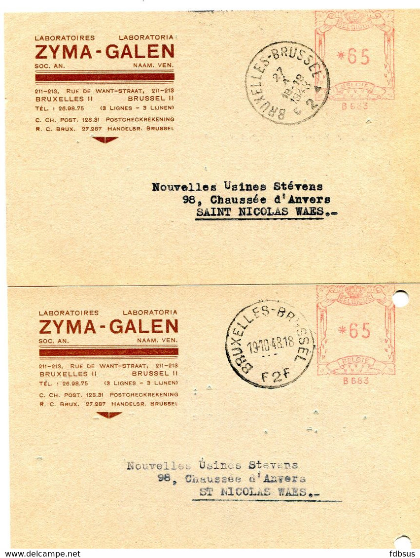 1948 2 Cartes S.A.  ZYMA GALEN Brussel II Laboratoires - Rode Stempel *65 B 683  Bruxelles F2F + C2 Zwart Driehoek - ...-1959