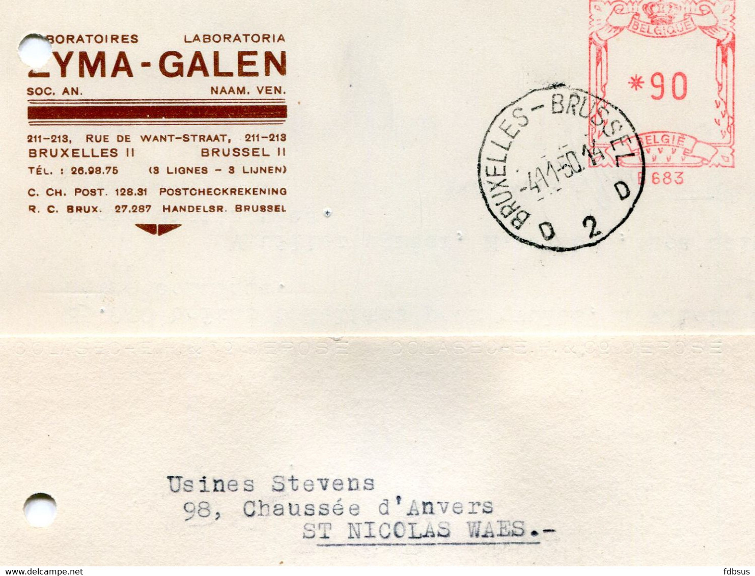 1950 Carte S.A.  ZYMA GALEN Brussel II Laboratoires - Rode Stempel *90 B 683  Bruxelles D2D - ...-1959