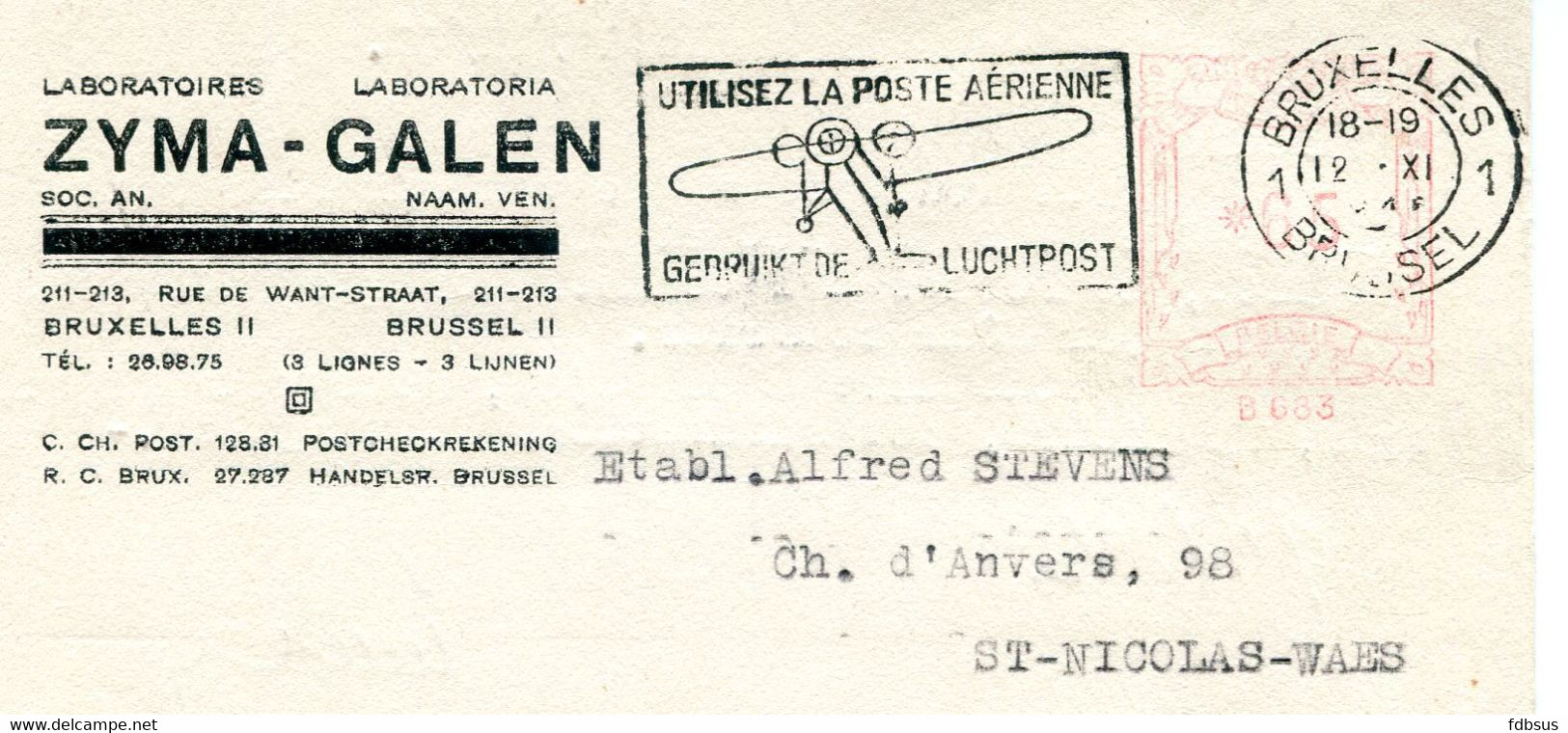 1946 Carte S.A.  ZYMA GALEN Brussel II Laboratoires - Rode Stempel *65 B 683  Bruxelles 1 - LUCHTPOST + VLIEGTUIG - ...-1959