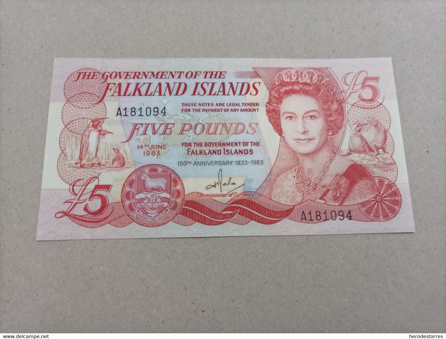 Billete De Falkland Islands De 5 Libras Serie A, Año 1983, UNC - 5 Pounds