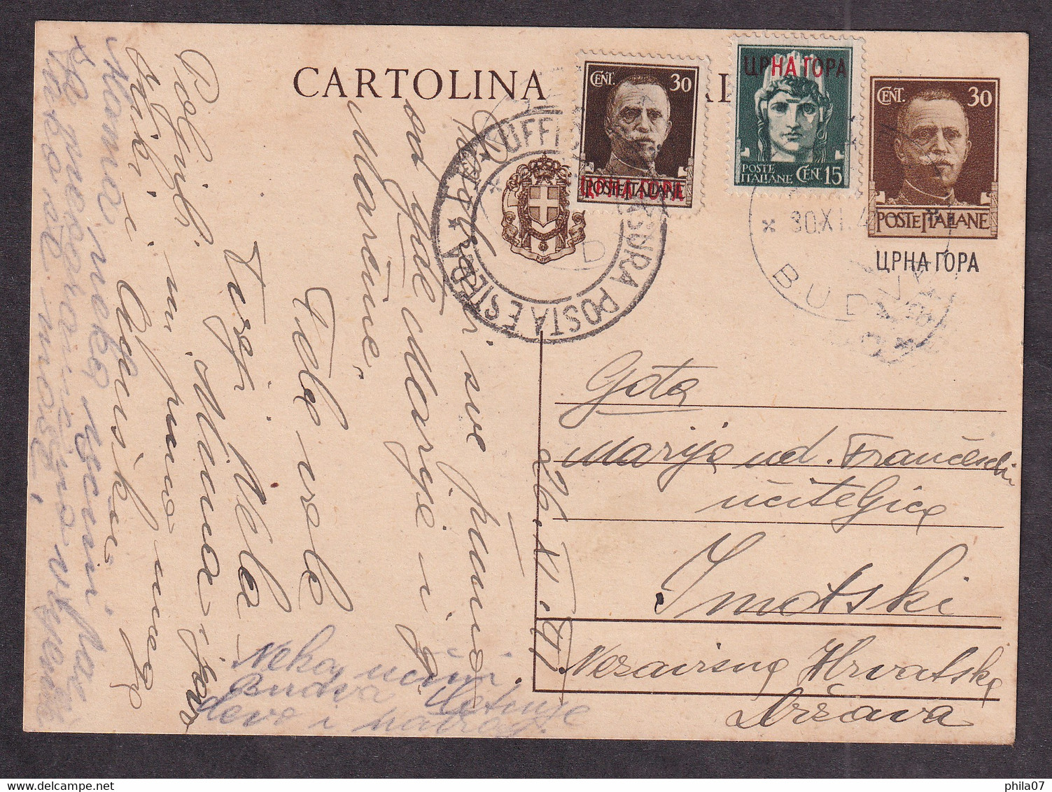 Italian Provsional Stationery Mi.No. P 30 Sent From Budva To Imotski 30.11. 1941. Censored With Italian ... / 2 Scans - Montenegro