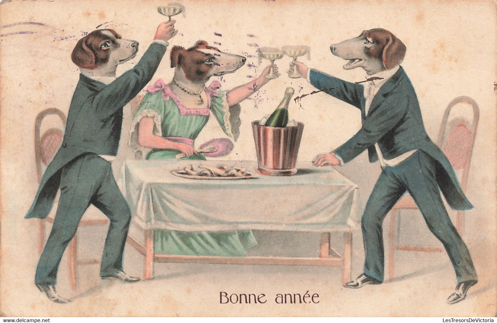 CPA - Fantaisies - Chiens Habillés Buvant Du Champagne - Bonne Année - Edit; H.H.I.W. - Oblitéré Liège 1910 - Animaux Habillés