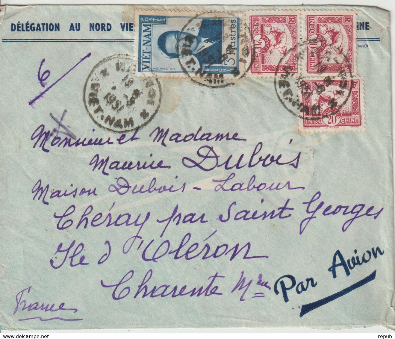 Vietnam Lettre 1951 Hanoi Vietnam Par Avion Pour La France - Viêt-Nam