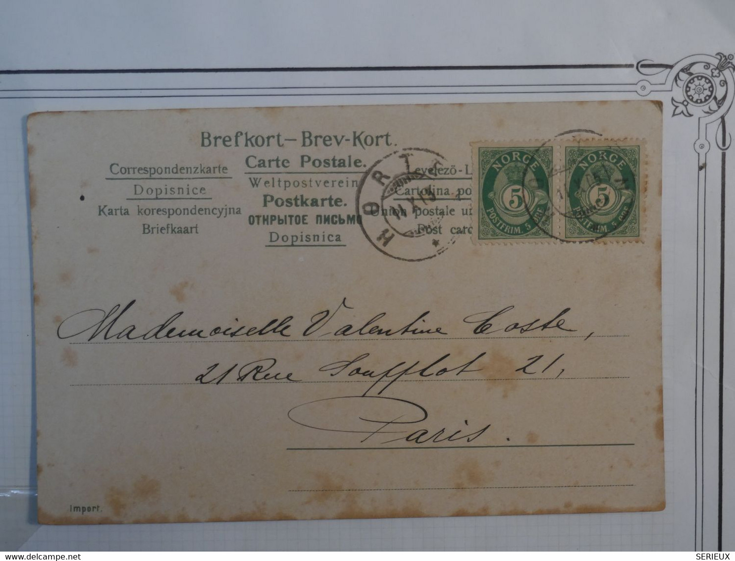 BM6 NORGE  BELLE CARTE 1913 NORT POUR PARIS   + PAIRE DE  TP + + AFFRANC.   PLAISANT ++ - Covers & Documents