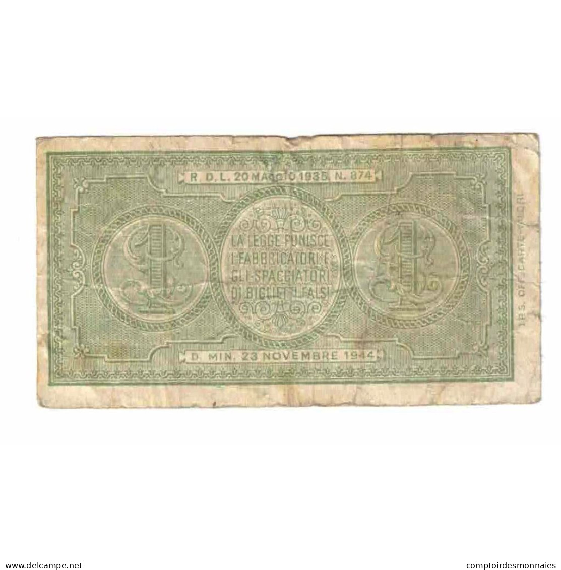 Billet, Italie, 1 Lira, 1944, 1944-11-23, KM:29b, B - Regno D'Italia – 1 Lire