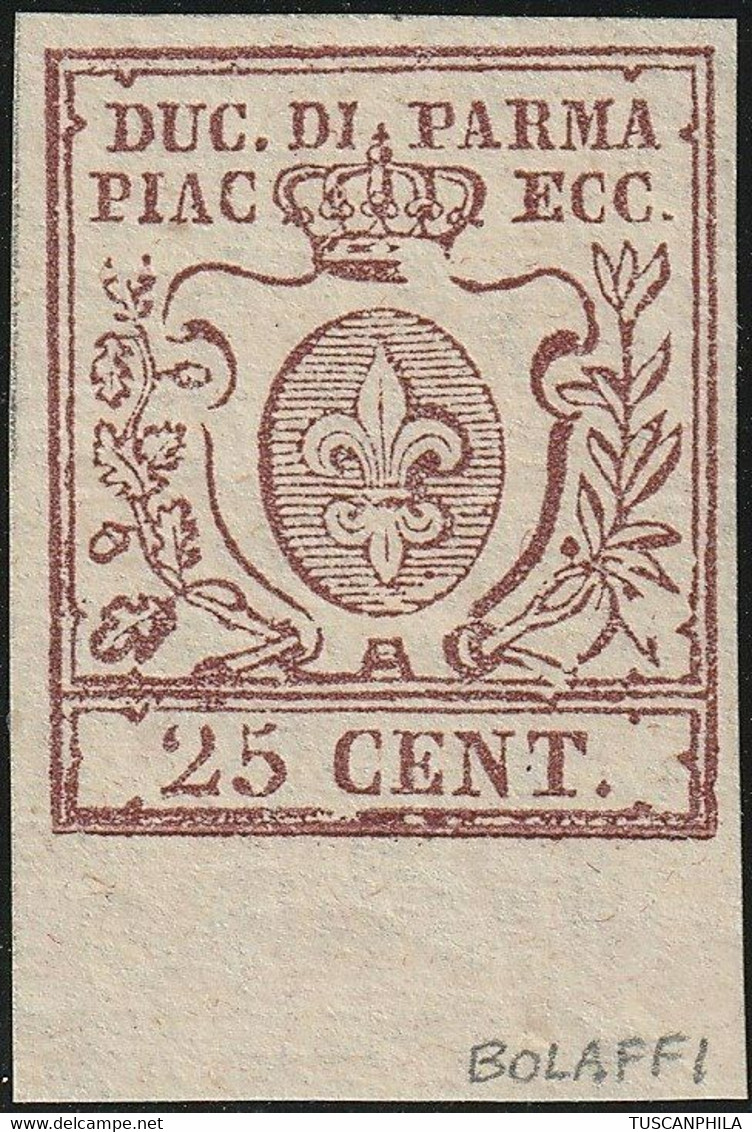 Parma 1857/59 - III^ Em. 20 C. Bruno Lilla Grandi Margini Bdf Integro Raro Lusso Certificato - Sassone N.10 - Parma