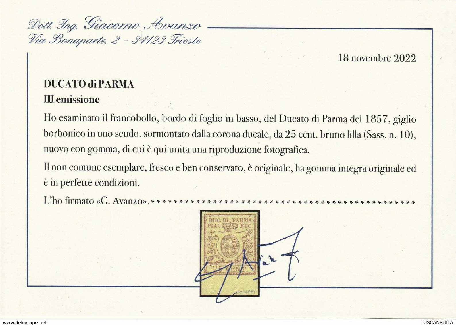 Parma 1857/59 - III^ Em. 20 C. Bruno Lilla Grandi Margini Bdf Integro Raro Lusso Certificato - Sassone N.10 - Parme