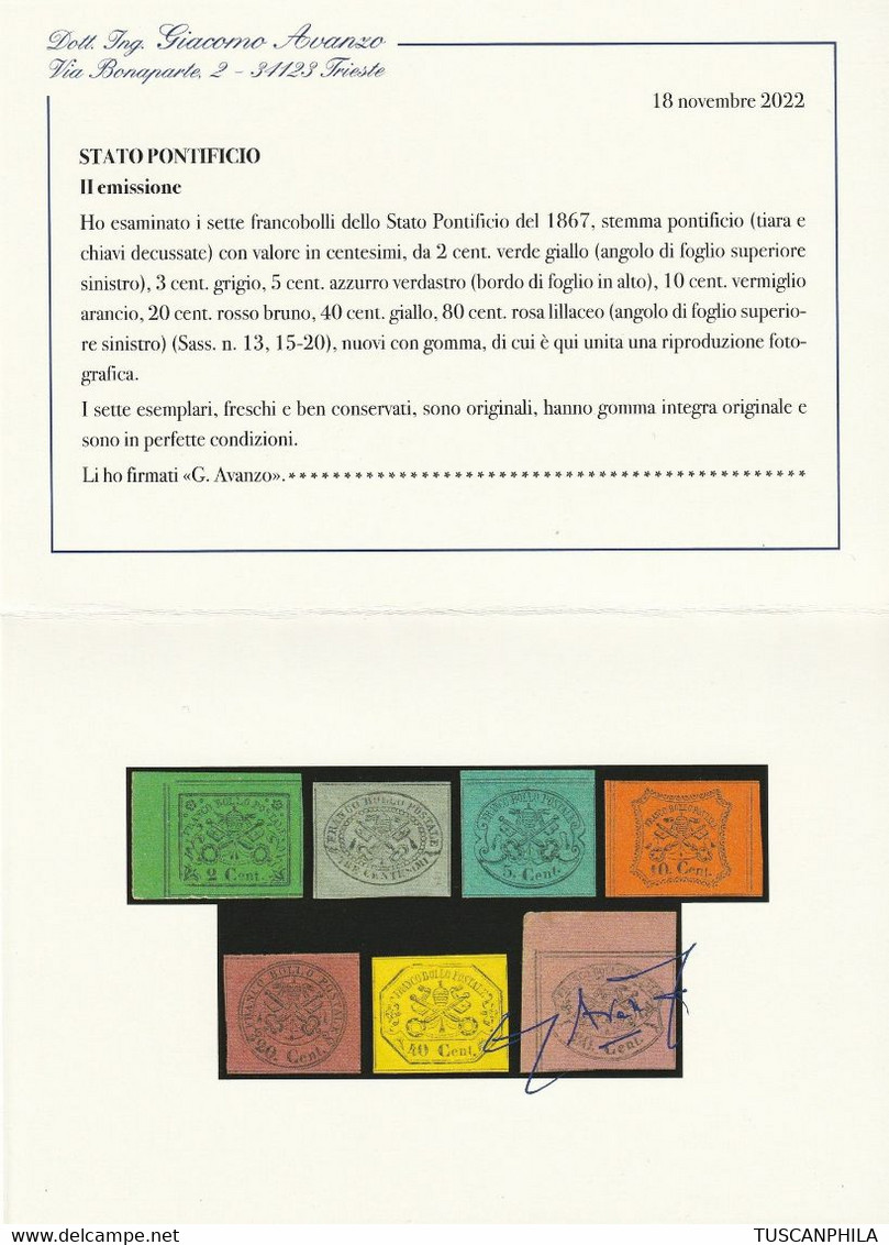 II^ Em. Serie Di 7 Valori Dal 2 C. Al 80 C. Molto Ben Marginati Integri Molto Rara Lusso Certificati - Sassone N.13+15/2 - Papal States