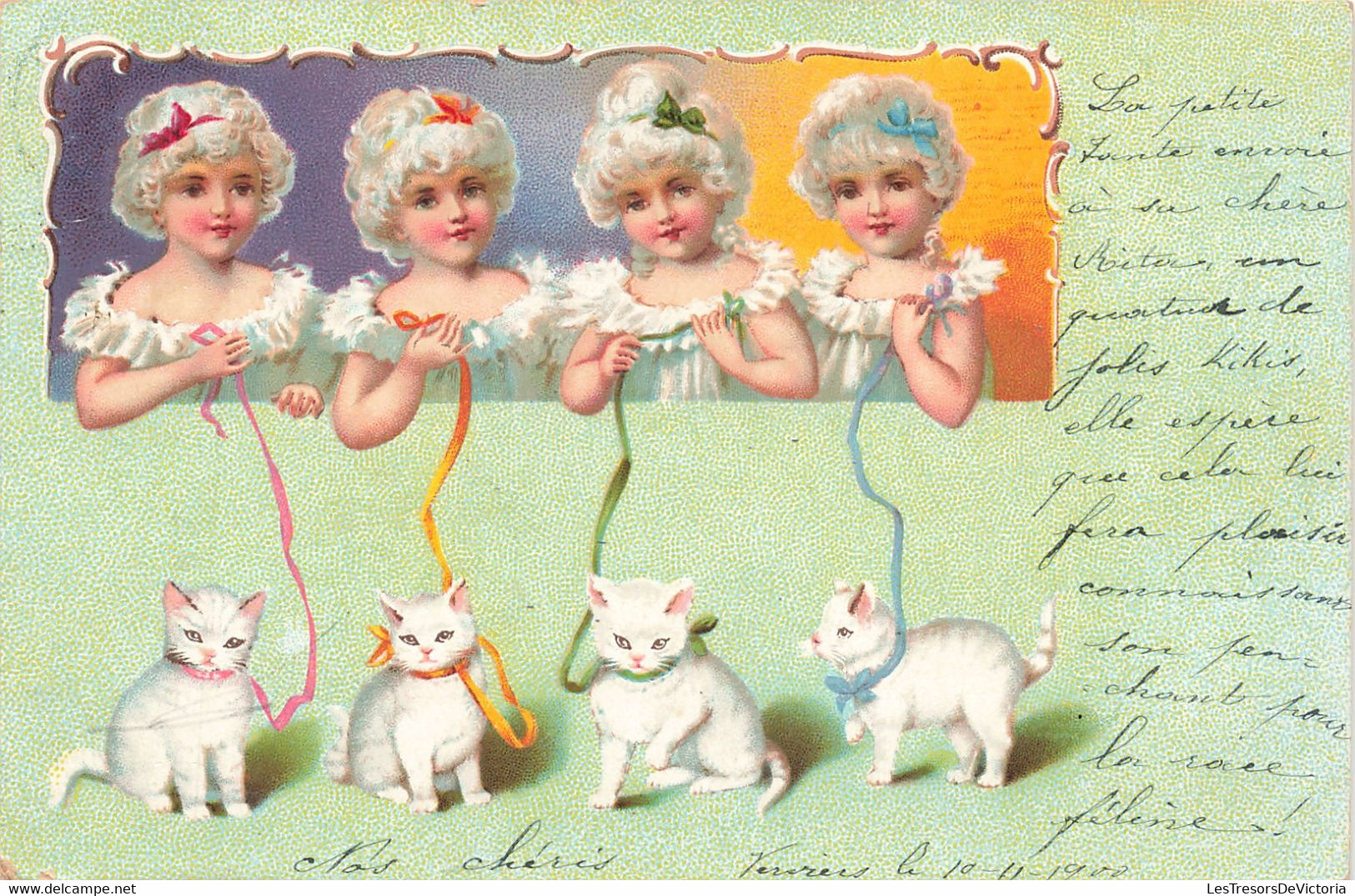 CPA - Fantaisies - Fillettes Et Chatons Sur Fond Vert - Précurseur - Oblitéré Verviers 1900 - Dressed Animals