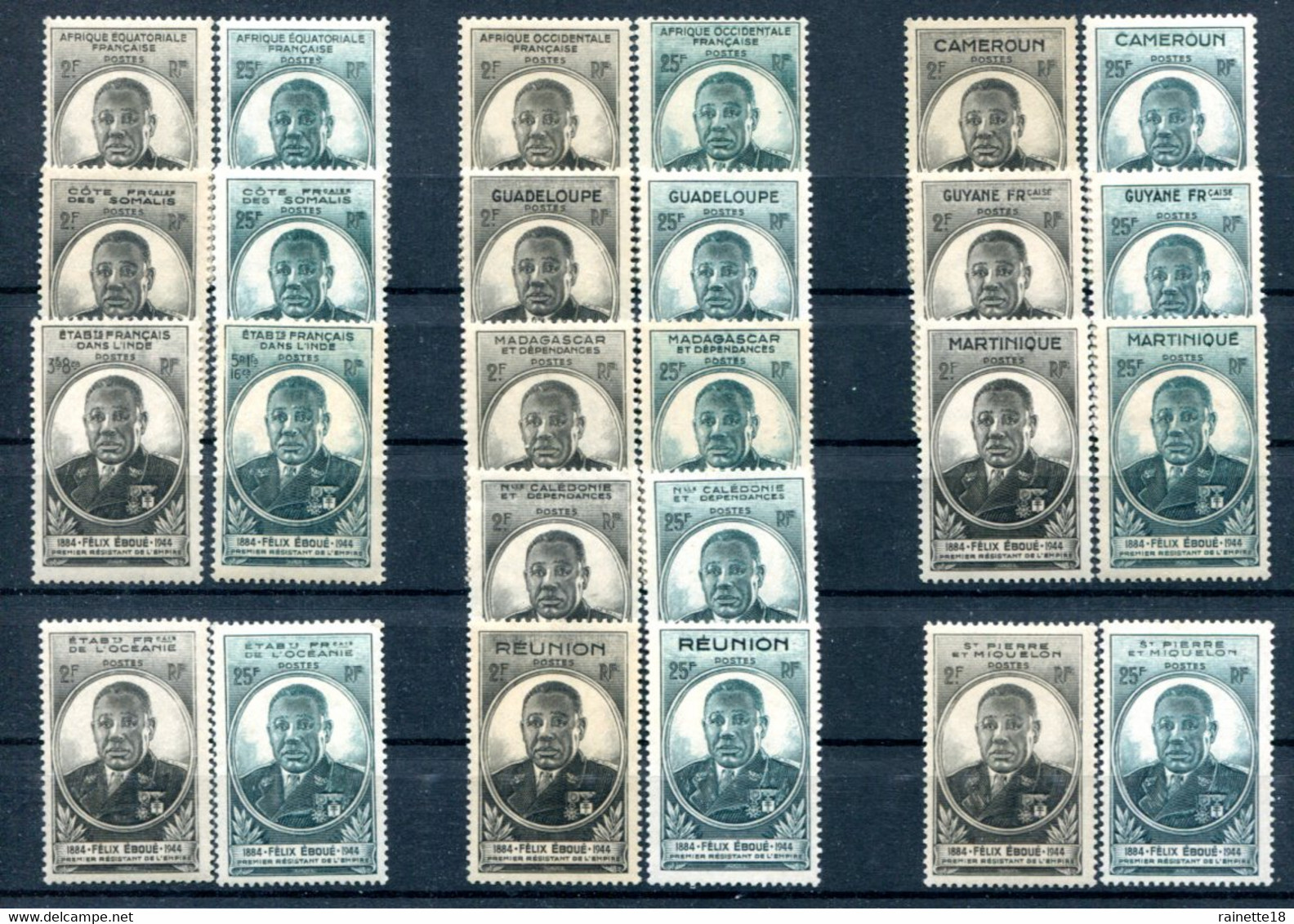 Série Coloniale "Félix Eboué"     13 Pays, 26 Timbres ** - 1945 Gouverneur-Général Félix Éboué