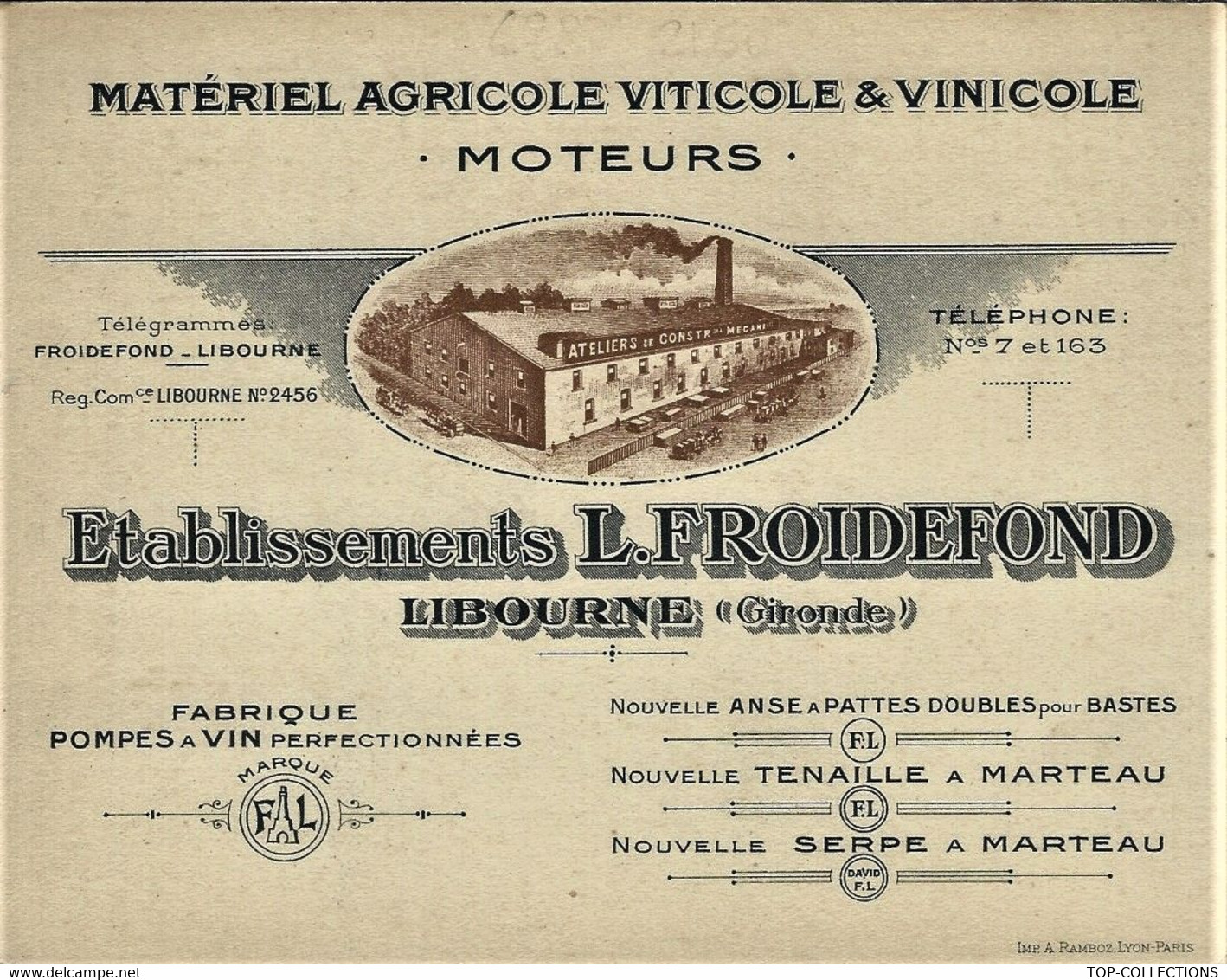 ENTETE Ets L. FROIDEFOND Libourne (Gironde)  	AGRICULTURE VITICULTURE MATERIELS MOTEURS B.E.V.SCANS - 1900 – 1949