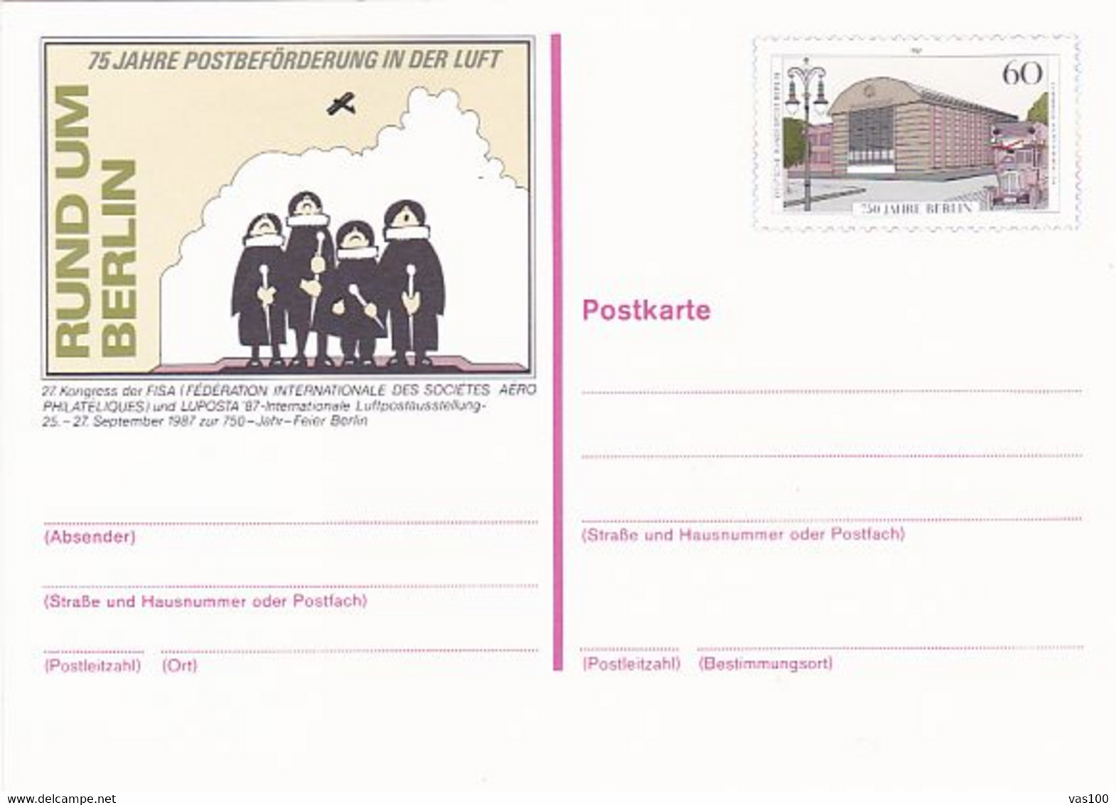 BERLIN TOWN ANNIVERSARY, BUSS, PHILATELIC CLUB, PC STATIONERY, ENTIER POSTAL, 1987, GERMANY - Postkaarten - Ongebruikt