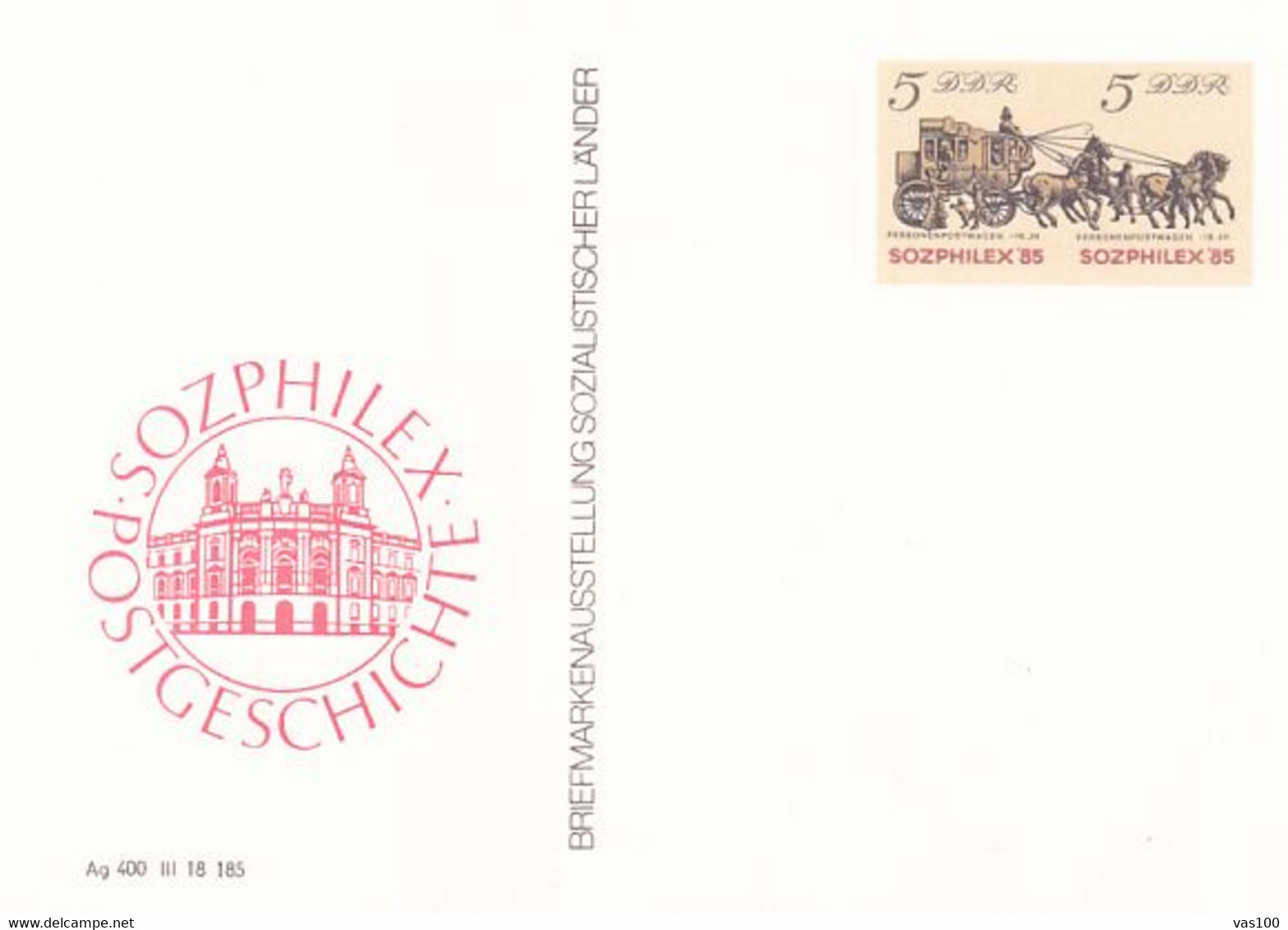 SOZPHILEX PHILATELIC EXHIBITION, STAGE COACH, PC STATIONERY, ENTIER POSTAL, 1985, GERMANY - Postales - Nuevos
