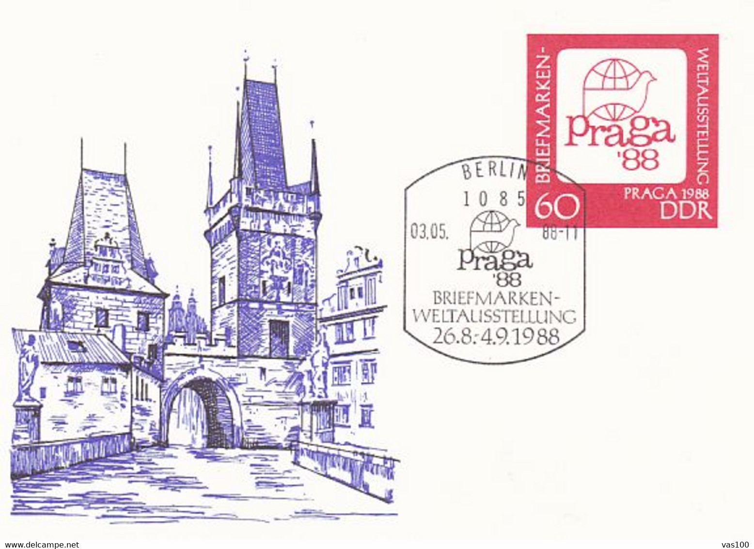 PRAGUE'88 WORLD PHILATELIC EXHIBITION, PC STATIONERY, ENTIER POSTAL, 1988, GERMANY - Postcards - Used