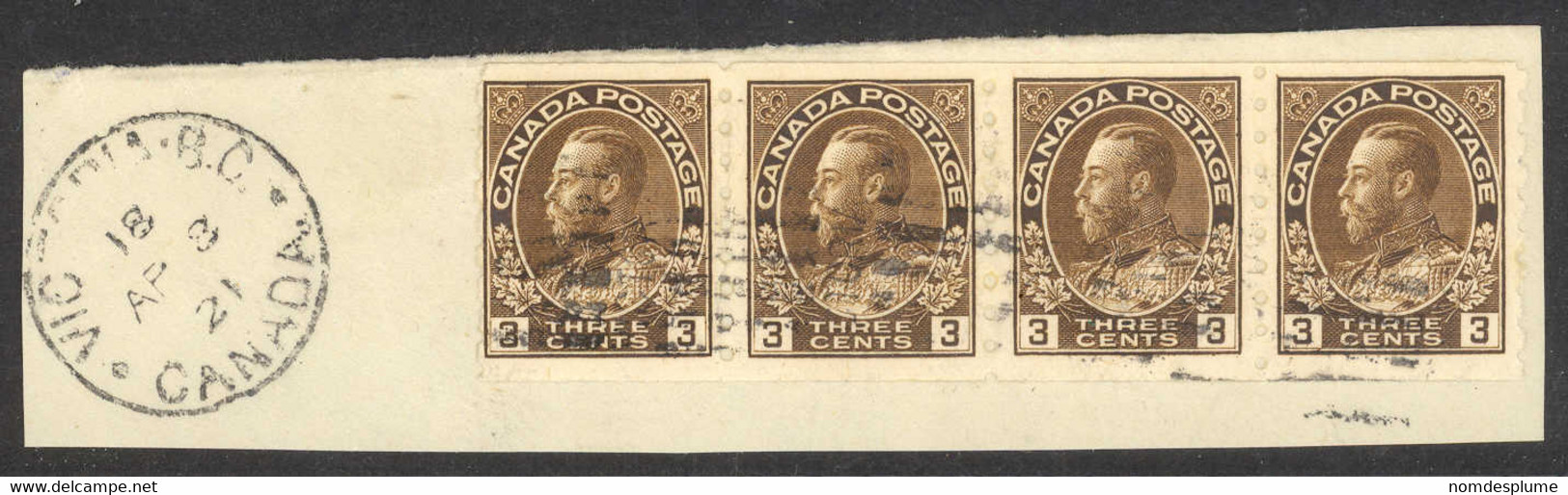 1475) Canada 129 George  V Admiral Coil 1918 Victoria BC  Fold - Coil Stamps
