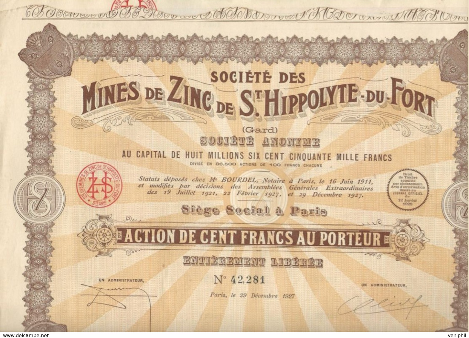 MINES DE ZING DE ST HIPPOLYTE DU FORT  - GARD -- ACTIONDE 100 FRS - -ANNEE 1927 - Mijnen