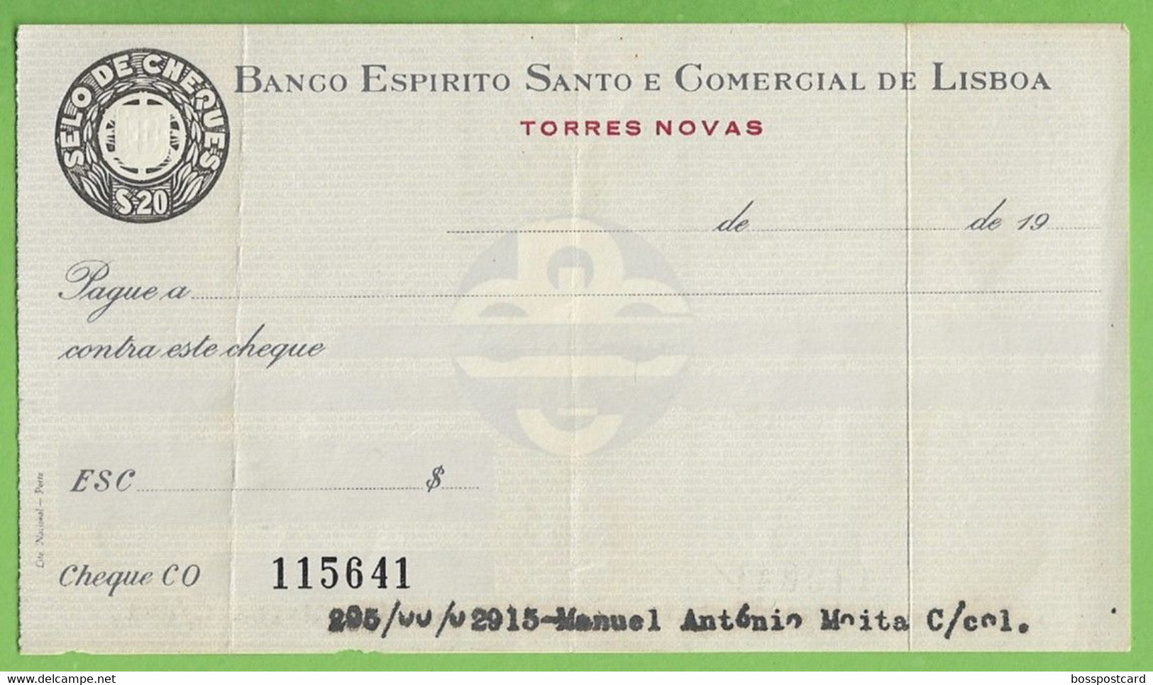 Torres Novas - Cheque Do Banco Espírito Santo E Comercial De Lisboa - Papéis De Valor. Santarém. Portugal. - Chèques & Chèques De Voyage