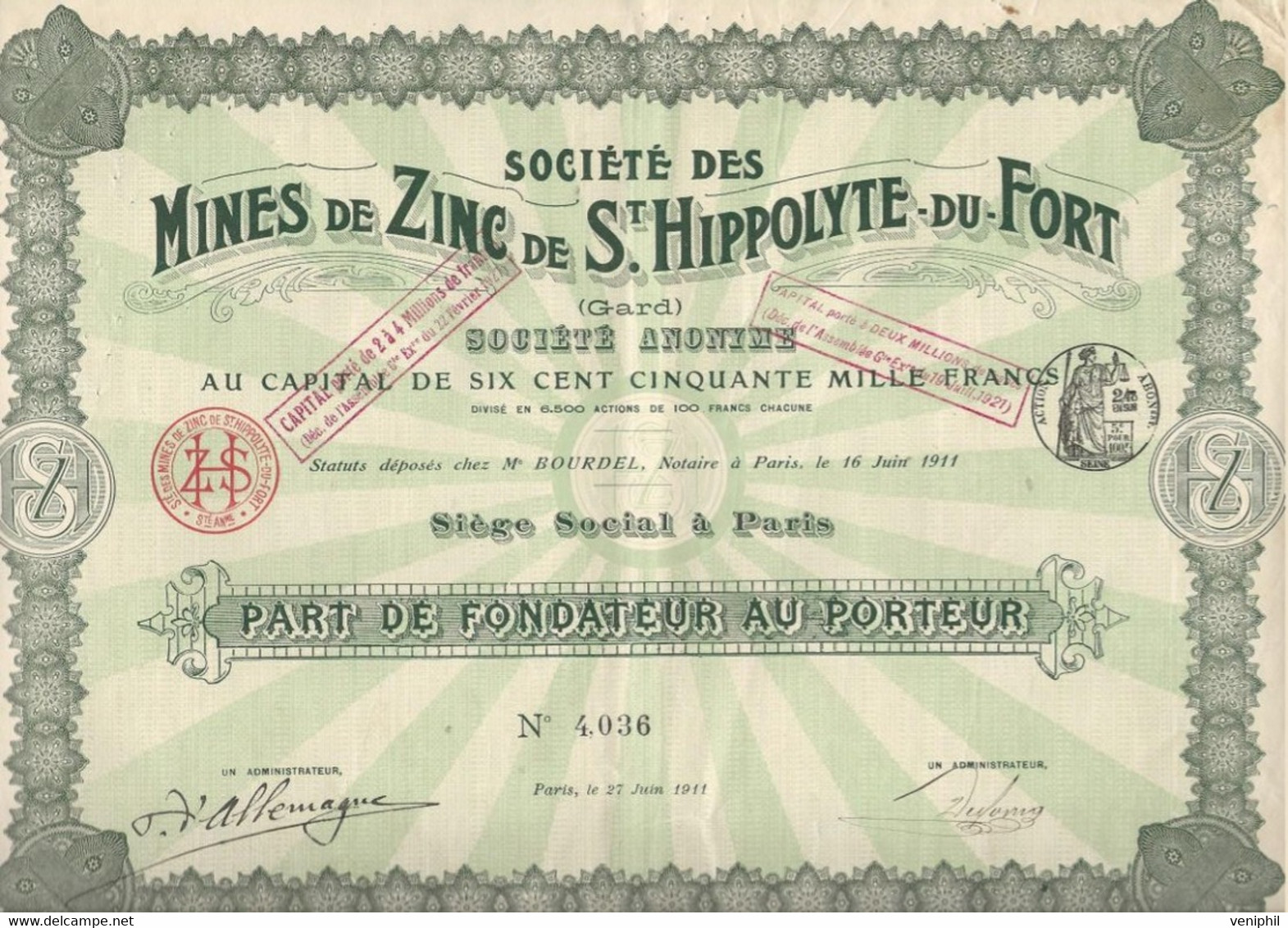 MINES DE ZING DE ST HIPPOLYTE DU FORT  - GARD -- PART DE FONDATEUR  - ANNEE 1911 - Miniere