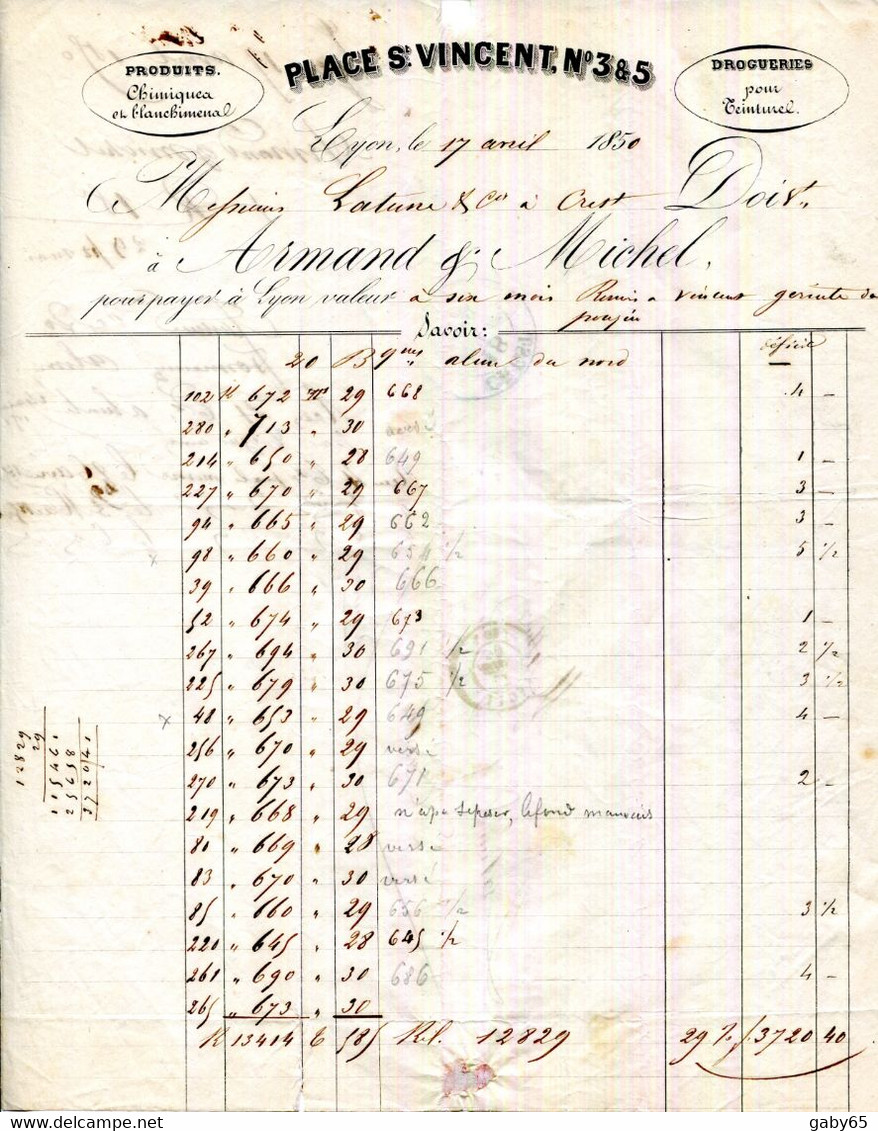 FACTURE.69.LYON.PRODUITS CHIMIQUES.DROGUERIE POUR TEINTURE.ARMAND MICHEL 3 & 5 PLACE SAINT VINCENT.1850. - Profumeria & Drogheria