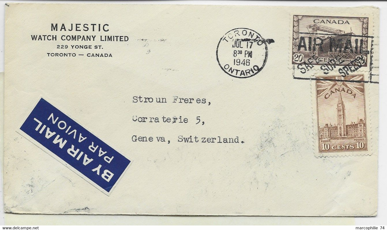 CANADA 10C+20C LETTRE COVER AIR MAIL TORONTO JUL 17 1946 ONTARIO TO SUISSE - Brieven En Documenten