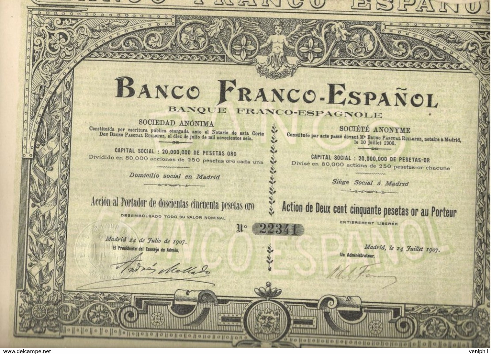 BANQUE  FRANCO - ESPAGNOL  LOT DE 3- ACTION DE 250 PESETAS OR  - ANNEE 1907 - Bank En Verzekering