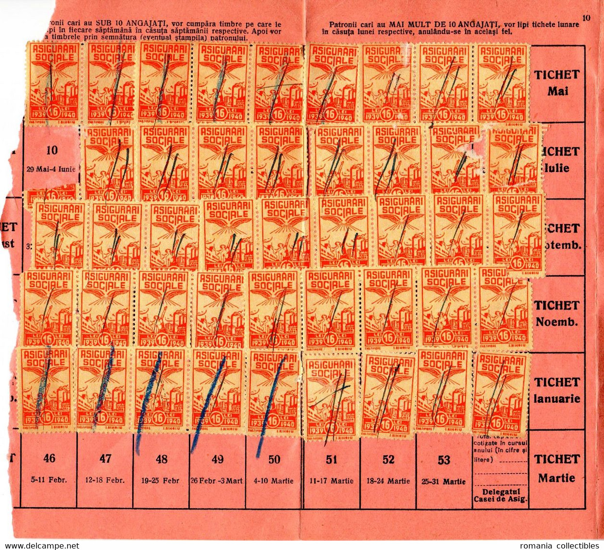 Romania, 1939/1940, Social Insurance Ticket - Revenue Fiscal Stamps / Cinderellas - Fiscali